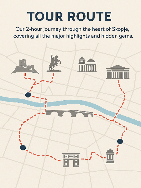 Map of Skopje walking tour route showing all major attractions